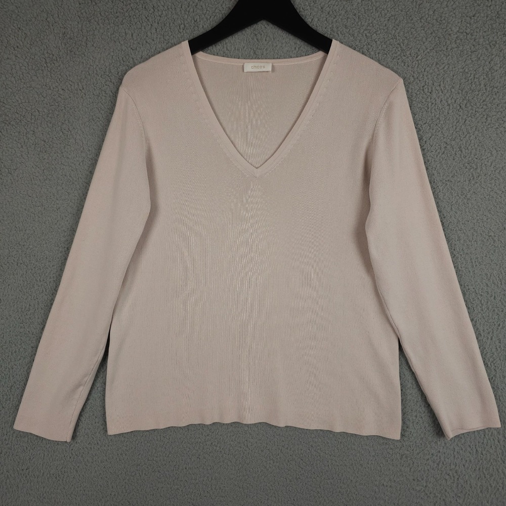 Chicos Sweater Womens 2 US Large Pink Ribbed V Neck Silk Blend Knit Stretch FLAW